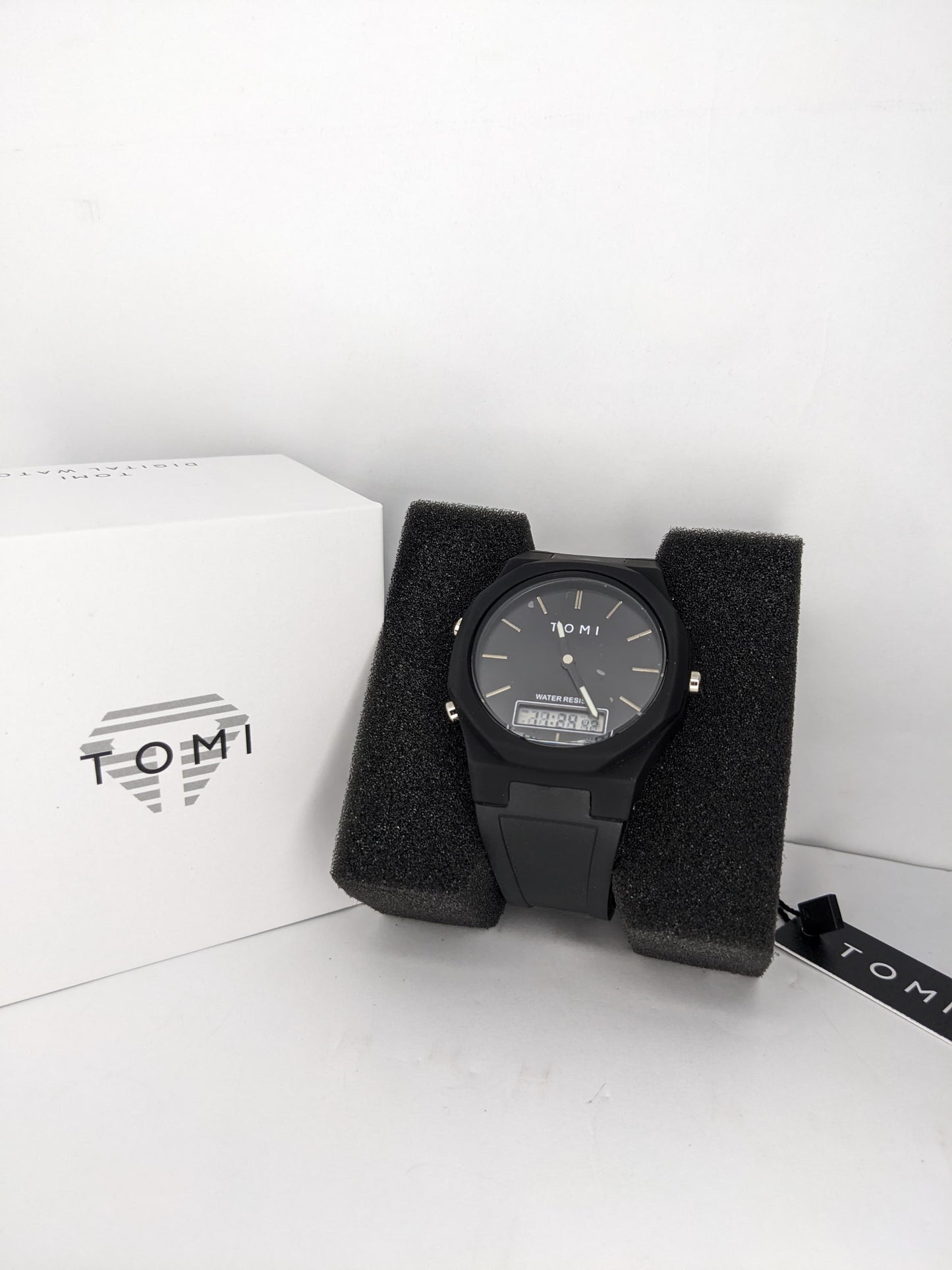 TOMI Dual Display Black Watch – Analog + Digital, Water Resistant