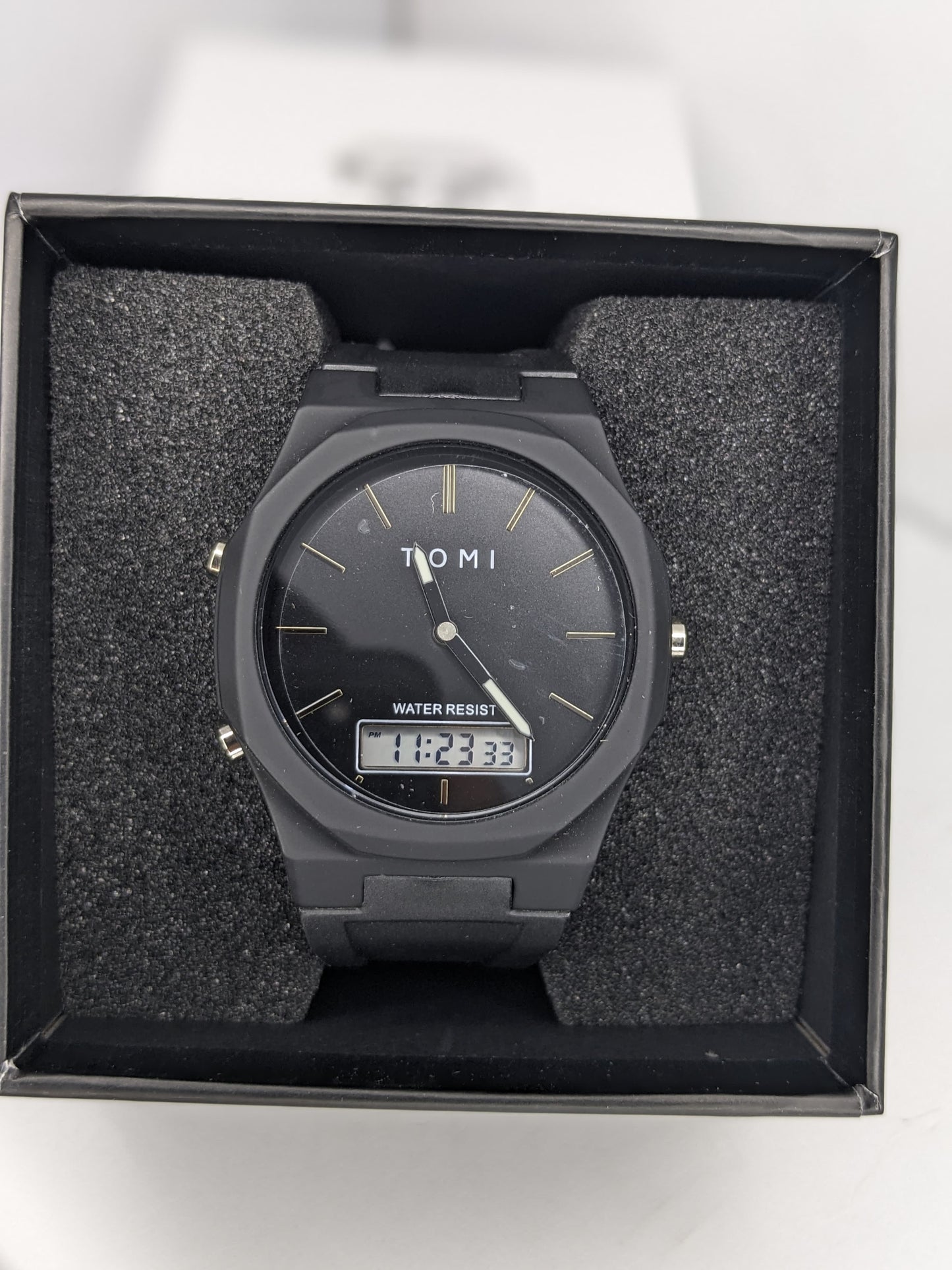 TOMI Dual Display Black Watch – Analog + Digital, Water Resistant
