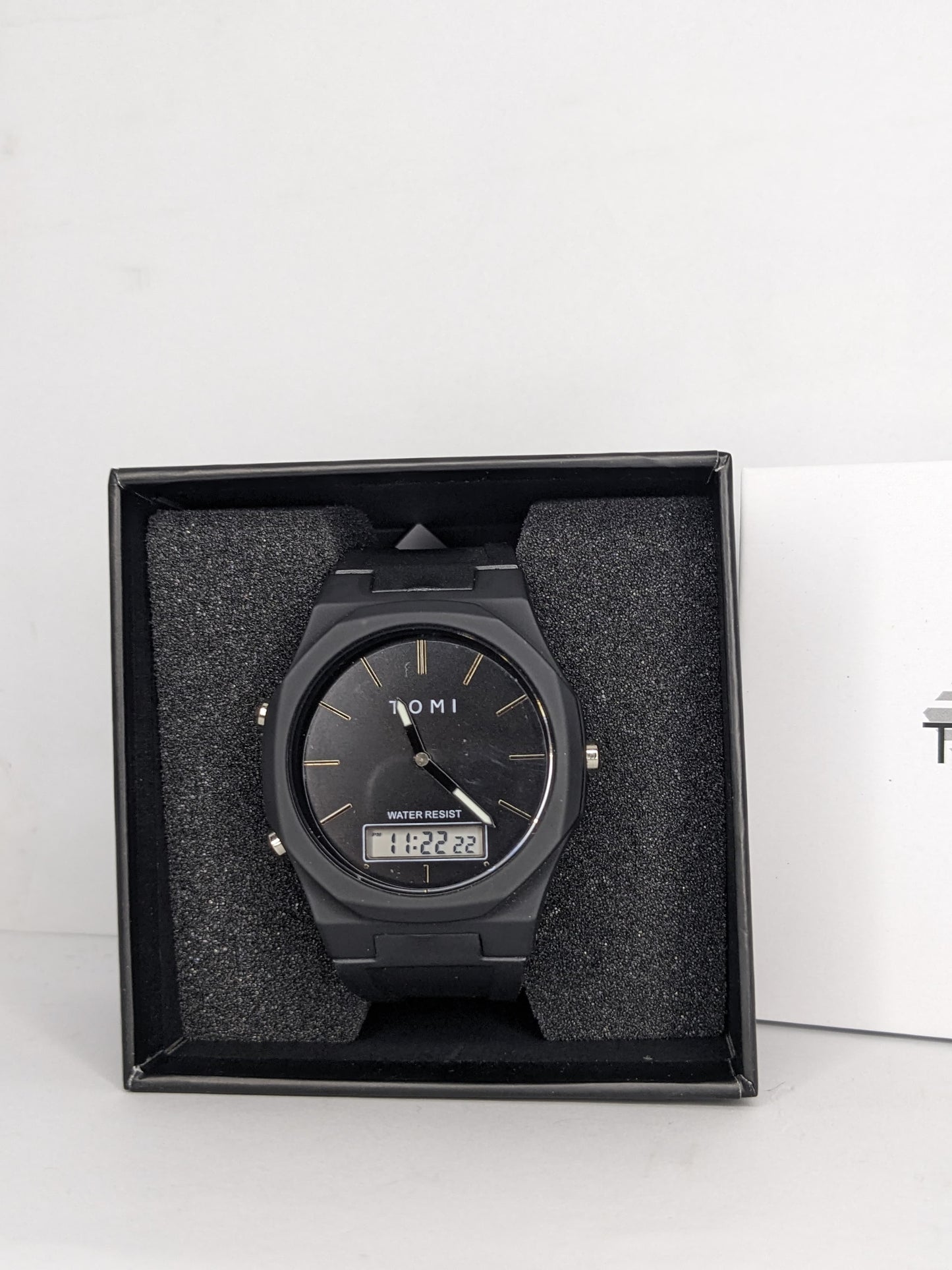 TOMI Dual Display Black Watch – Analog + Digital, Water Resistant