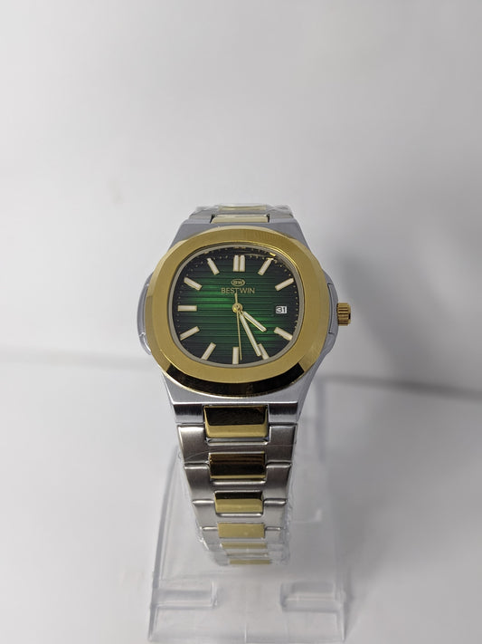Bestwin Green Dial Stainless Steel Watch with Gold Accents