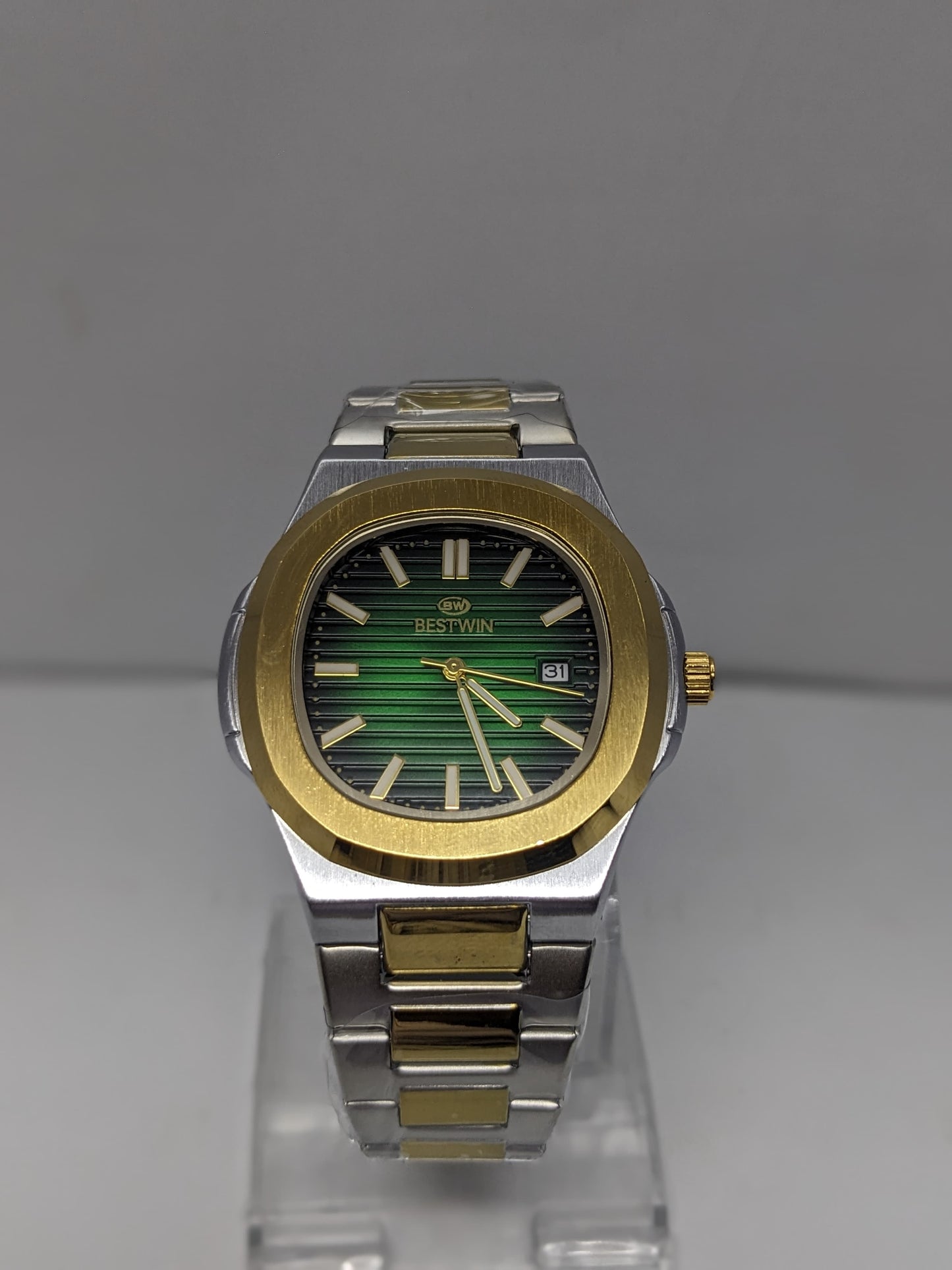 Bestwin Green Dial Stainless Steel Watch with Gold Accents