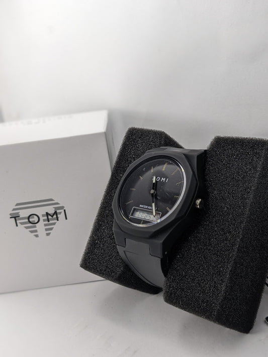 TOMI Dual Display Black Watch – Analog + Digital, Water Resistant