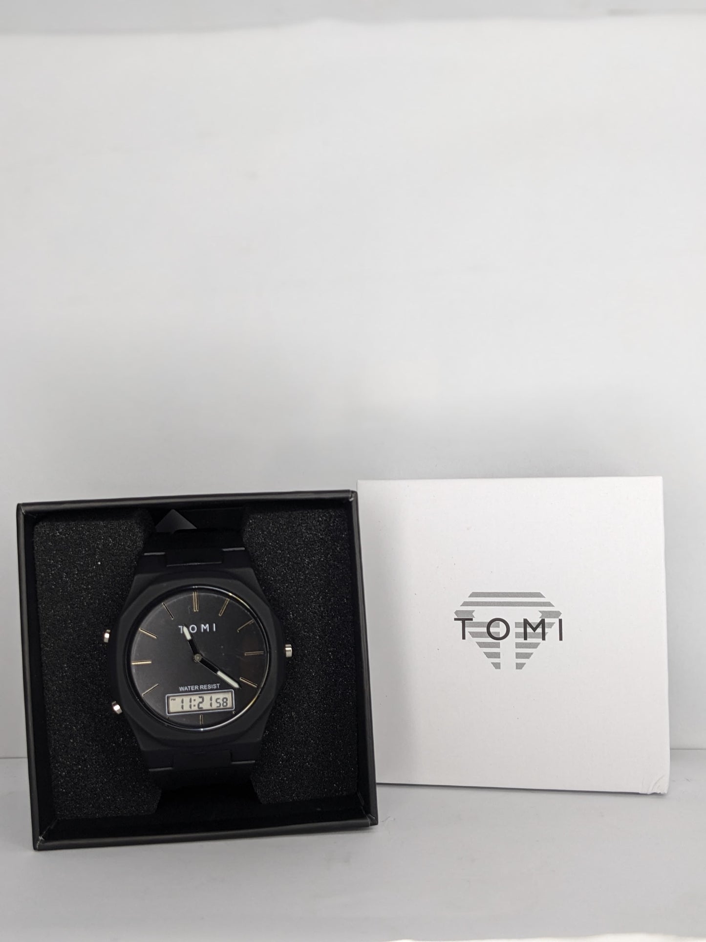 TOMI Dual Display Black Watch – Analog + Digital, Water Resistant