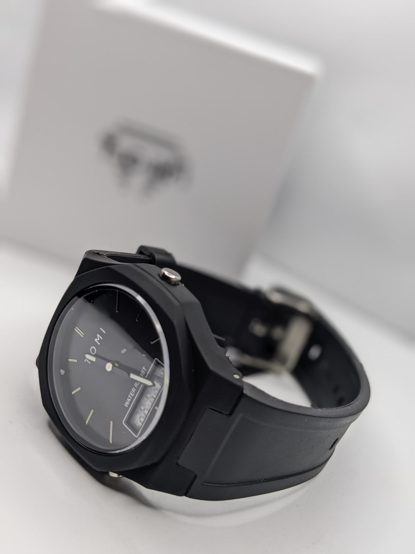 TOMI Dual Display Black Watch – Analog + Digital, Water Resistant